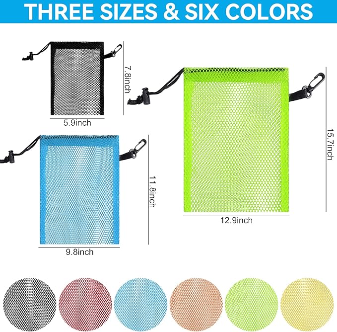 iMucci 12 Pieces 6 color Mesh Drawstring Bag with Clips, Nylon Drawstring Bags Pocket Foldable Beach Bag with Cord Lock for Swimming Collecting Toys Laundry Sports Gym Beach Travel