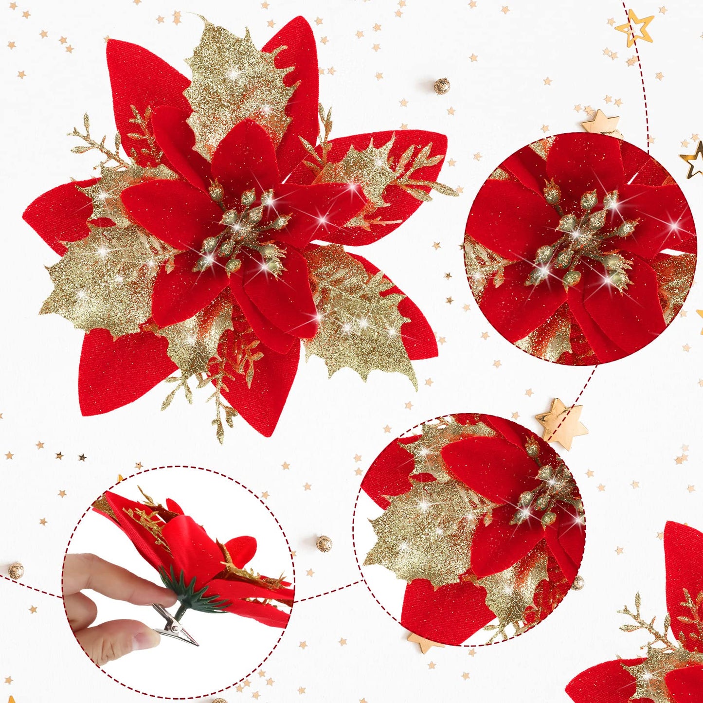 Canlierr 5.7 Inch Artificial Poinsettias Christmas Glitter Flowers with Clips Xmas Tree Flower Ornament Poinsettias Decor (Red Golden,12 Pieces)