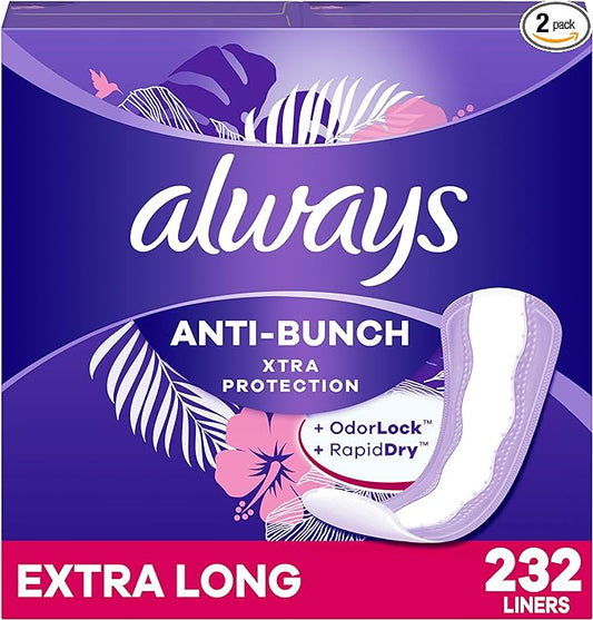 Always Anti-Bunch Xtra Protection Daily Liners, Extra Long Length, Unscented, 116 Count x 2 (232 Count Total)