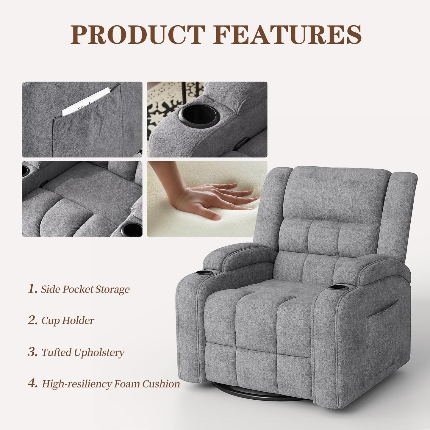 Furnimart 360° Swivel Rocker Recliner with Heat and Massage, Manual Comfy Recliner Chair for Adult, Chenille Glider Rocker Chaise Lounge for Living Room, Bedroom, Home Theater (Gray)