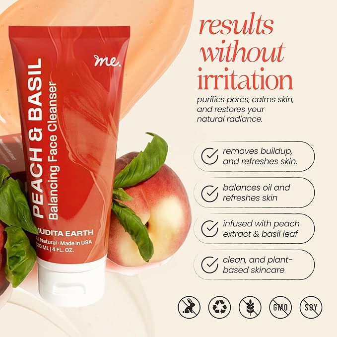 Mudita Earth Vitamin C Cleanser – 4 fl oz | Peach & Basil Balancing Face Wash | Gentle Sulfate-Free Cleanser for Sensitive, Oily & Acne-Prone Skin, Lactic Acid Polish