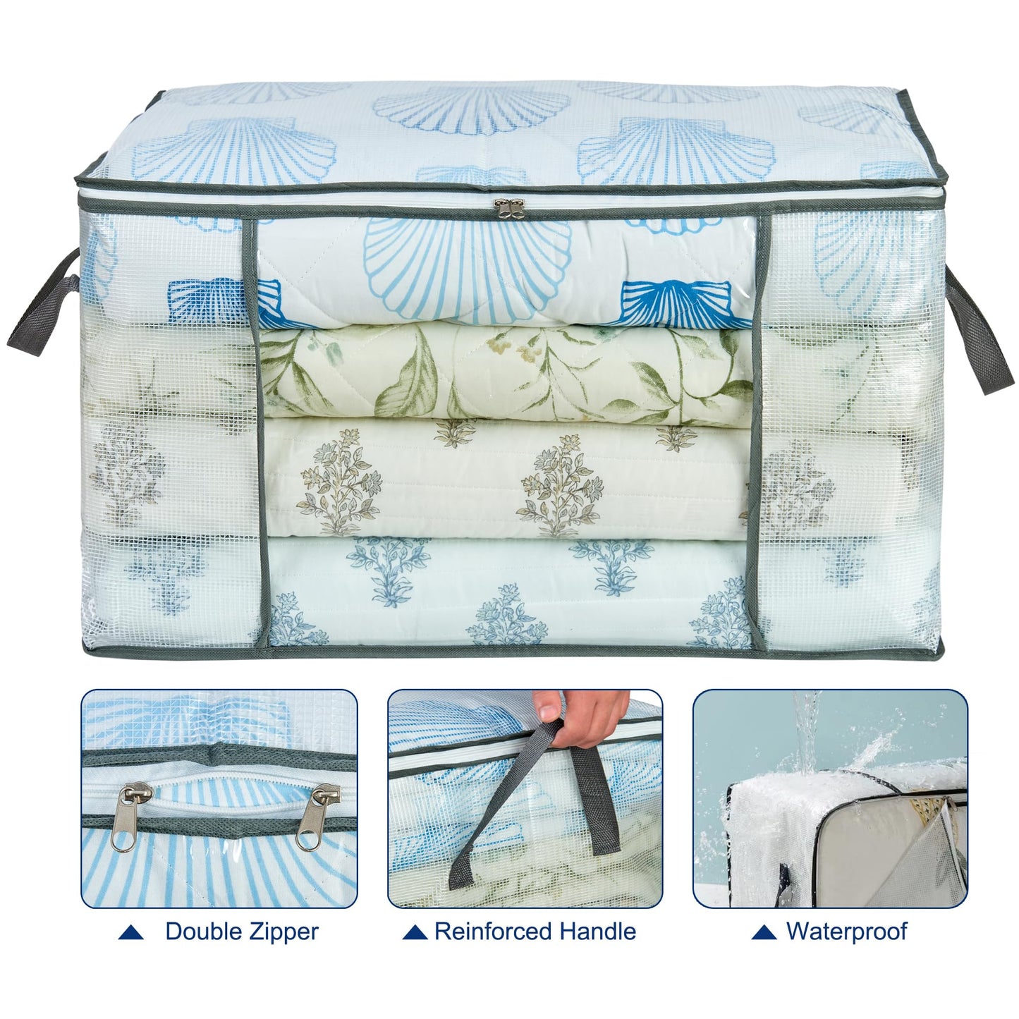 MKOKYD 80L Clear Large Storage Bag, Clothes Storage Containers for Organizing Closet, Bedroom, Underbed, Comforters, Clothing, Blankets, Pillow, Foldable Organizer with Sturdy Handle and Zippers (4)