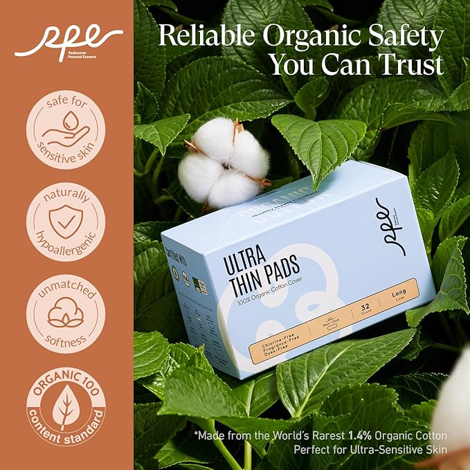 100% Organic Long Panty Liners for Women Long, Ultra Thin Cotton Cover, Long Pantiliners, Light Absorbency, Unscented Barely There Pantie Liners, Individually Wrapped (Long Liner, Size 2, 32ct)