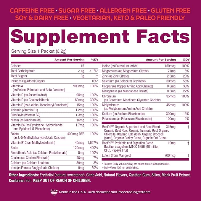 Root'd Multivitamin Powder for Women - 25 Vitamins & Minerals with 3X Electrolytes, 9 Organic Superfoods, Probiotics & Enzymes, Sugar-Free Multivitamin & Hydration | 30 Vitamin Drink Mix Packets