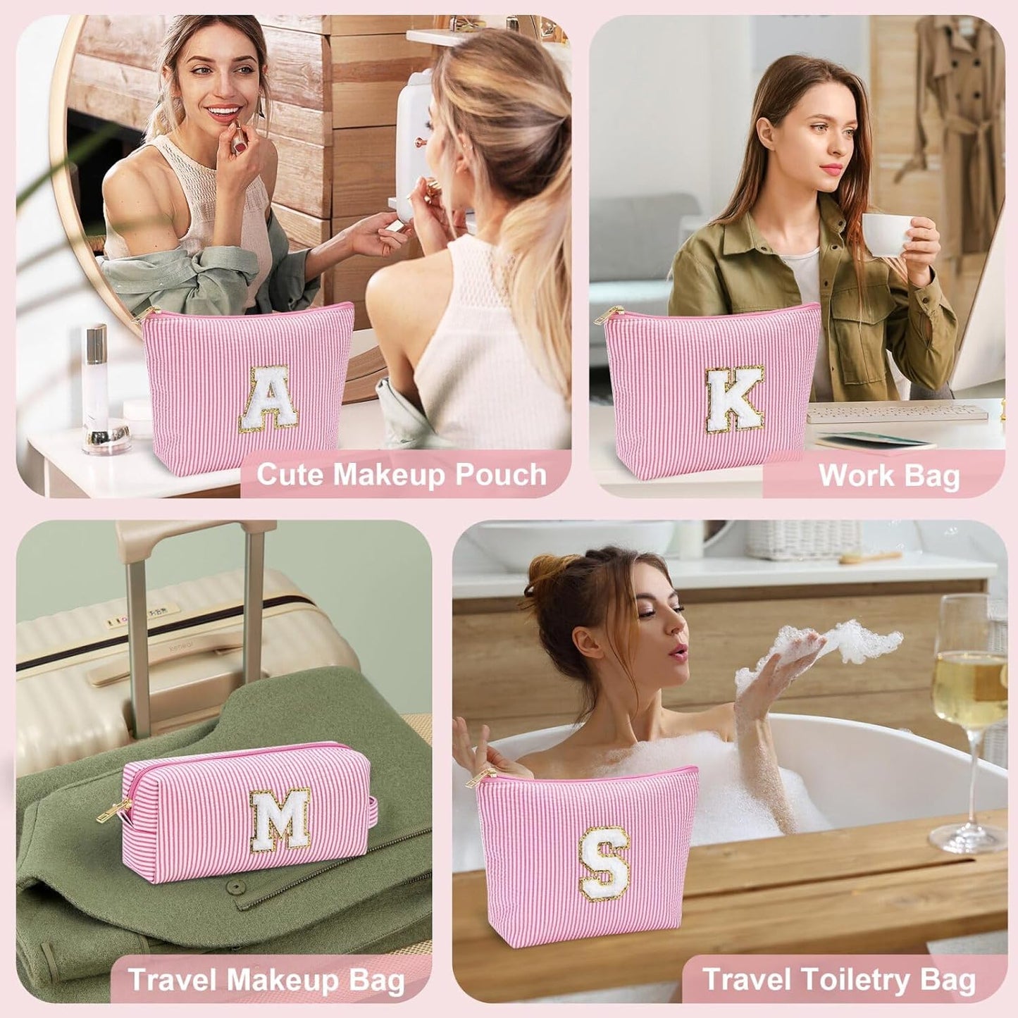 YOOLIFE Personalized Makeup Bag for Women - Monogram Cosmetic Bag Travel Toiletry Bag Brush Holder Birthday Gifts for Women Her Wedding Bridesmaid Friend Sister Teacher Wife Grandma Pink Initial E