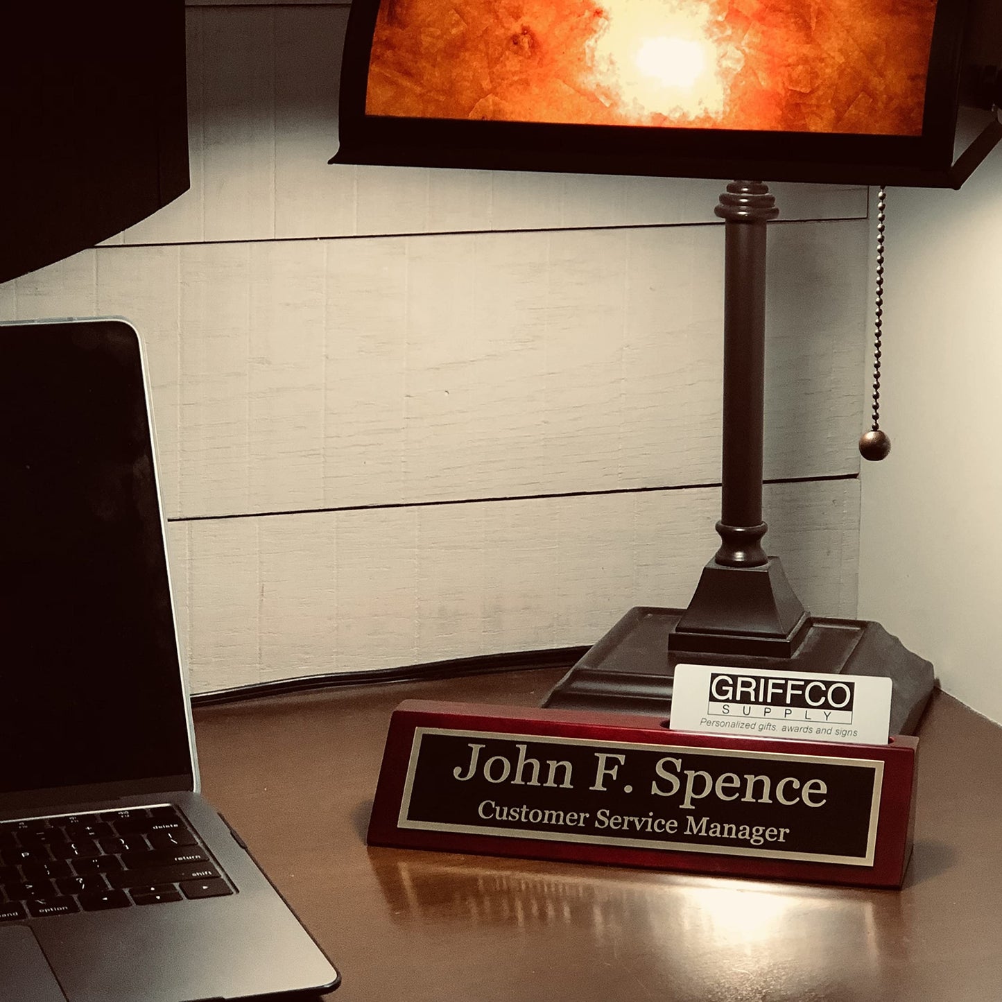 Name Plate for Desk Engraved in USA by Griffco Supply | Desk Name Plate Personalized Engraved with Business Card Holder