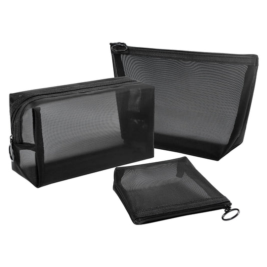Aosbos 3-Packs Mesh Makeup Bag Set - Cosmetic Bags with Zipper, Small Pouch, Travel Purse, Portable Organizer Pouch for Toiletry Accessories, Black