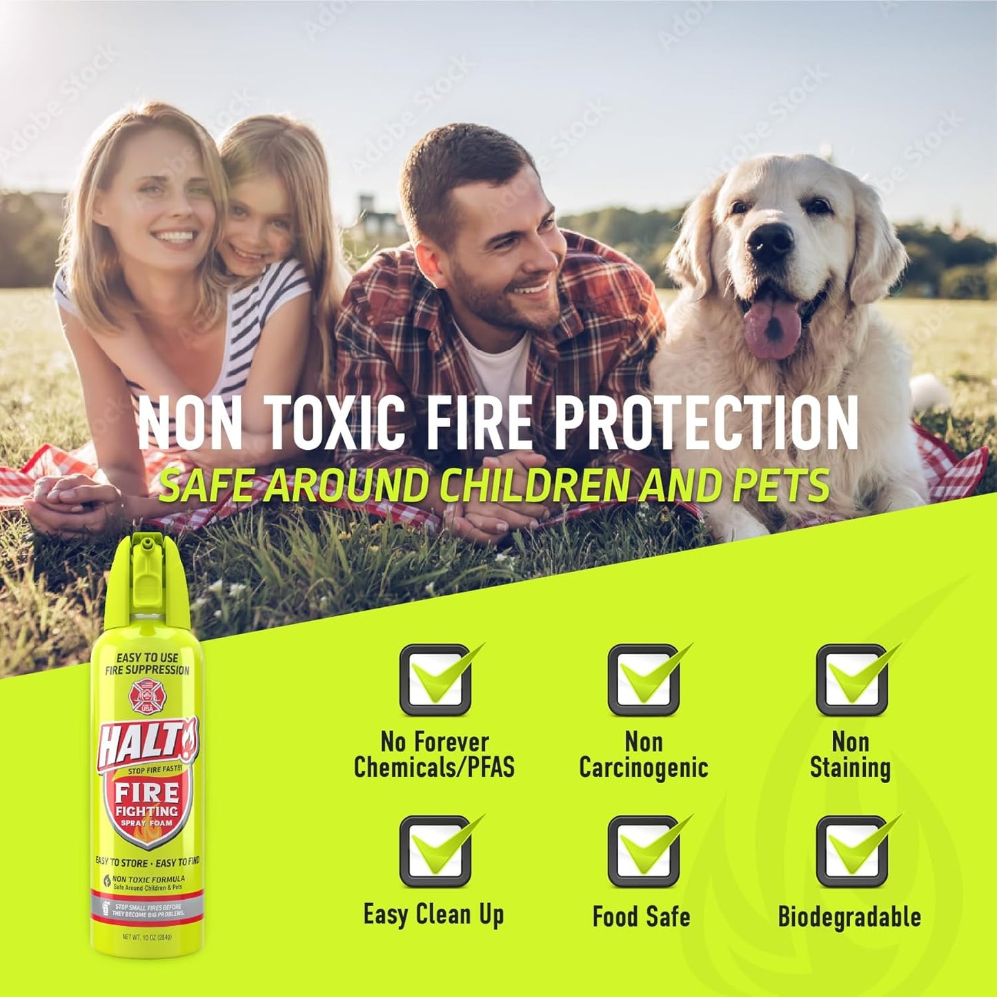 HALT! Fire Fighting Foam Spray – Non-Toxic, PFAS Free, Easy to Use, Store, and Find in Emergency – Compact & Portable – Ideal for Home, Kitchen, Apartment, Car, BBQ, Tailgate – Made in USA (4-Pack)