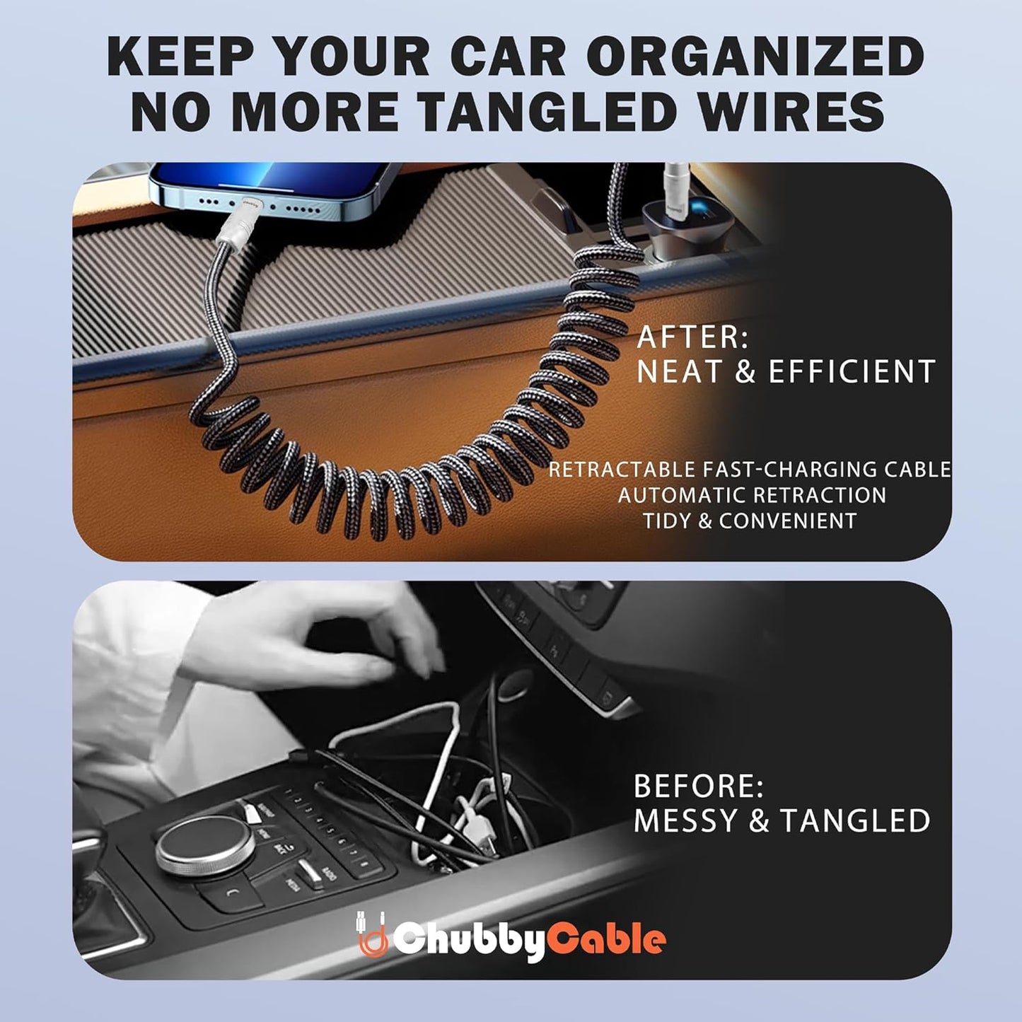 chubbycable Curly Chubby - Retractable Fast Charging Cable 240W Coiled Charger Cord for Car Durable USB-C Cable for Phones, Tablets and More, Red, USB-A to Type-C, 1.3FT-2.3FT