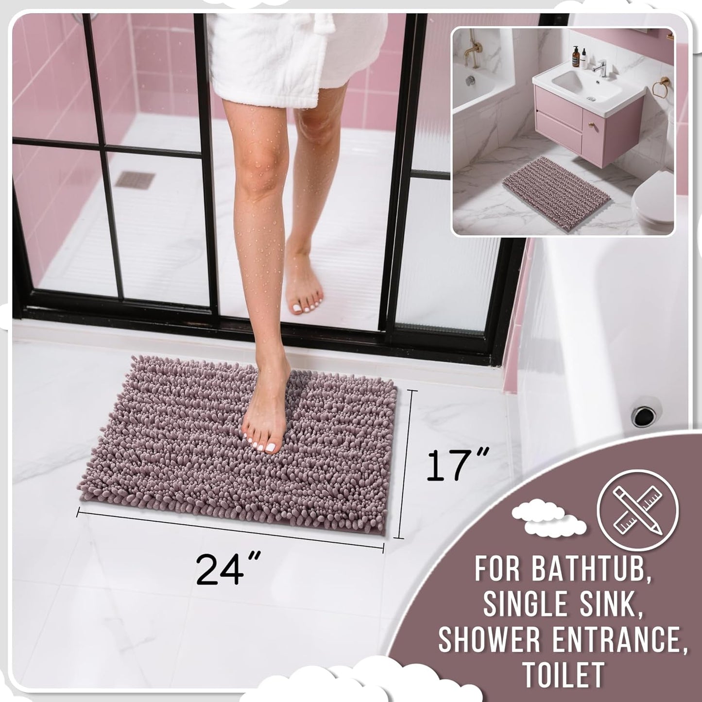 Yimobra Bathroom Rugs Non Slip Washable 24x17 Inch - Ultra Soft Absorbent Chenille Bath Mat, Quick Dry Shaggy Floor Carpet for Tub Shower, Mauve Home Decor Accessories