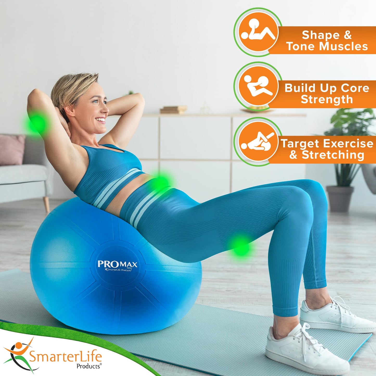 SmarterLife PRO MAX Exercise Ball for Stability Workout, Fitness, Pregnancy, Yoga, Pilates, Home Gym, Physical Therapy, Birthing, Balance Ball Chair (65 cm, Blue)