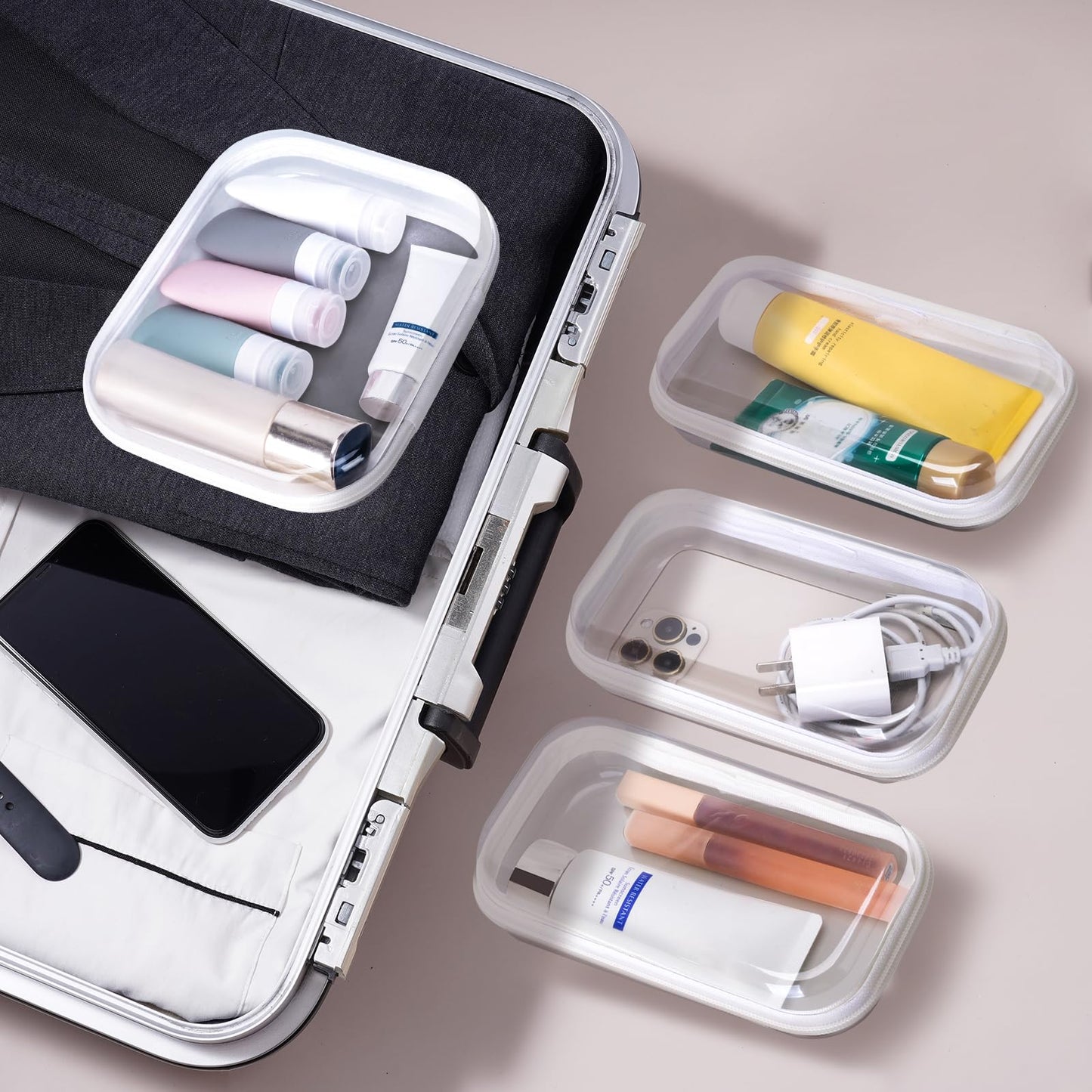 WELPIRT 4 pcs Clear Zipper Pouches,Hard Shell Zipper Case, Toiletry Bag for Travel, CLear Diaper Bag, Toiletry Pouch, Travel Organizer, Clear Cosmetic Bag,Toy Storage Bins (M+3S)