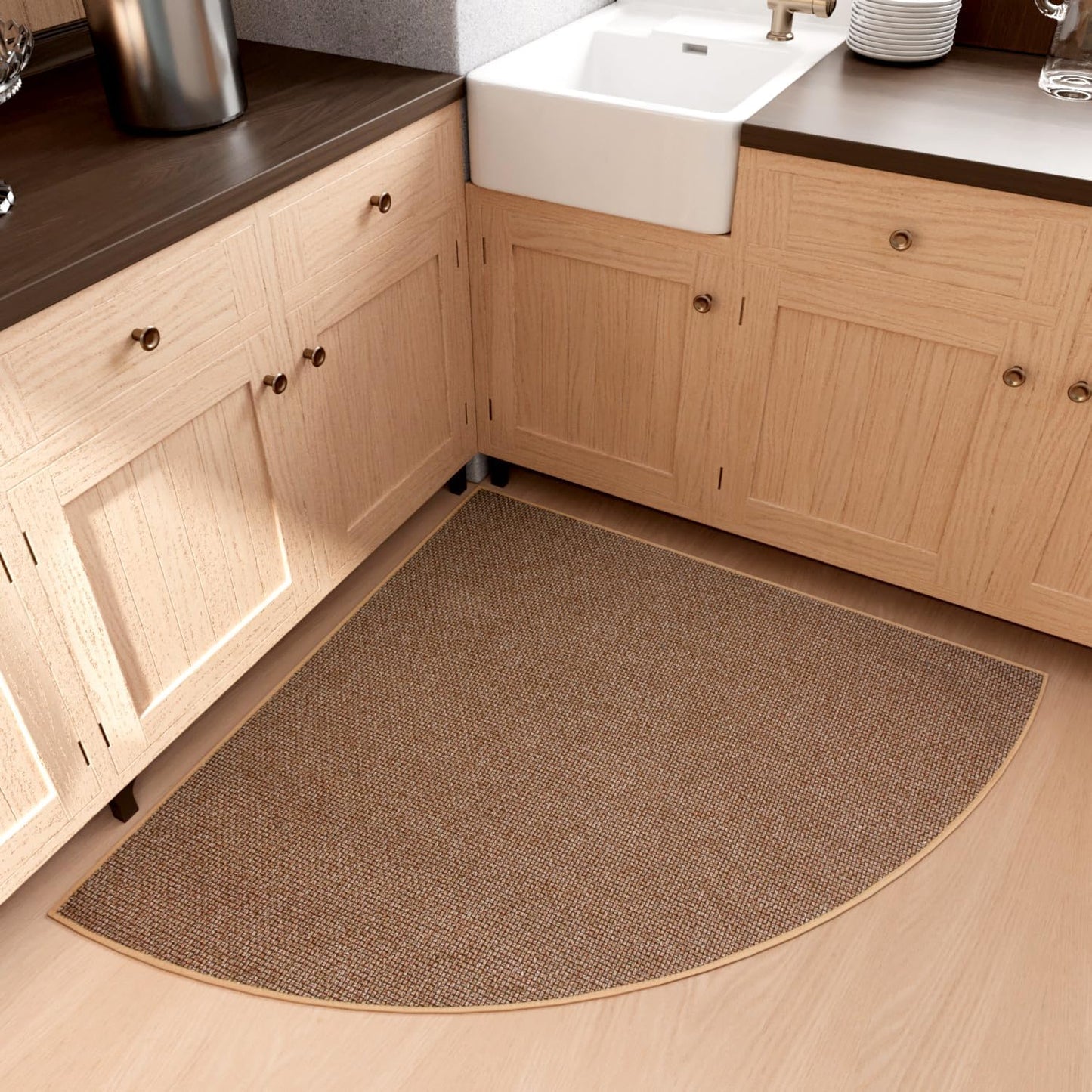 Fan Shaped Kitchen Mat 1 PCS, Cushioned Non Slip Rugs for Kitchen Floor, Absorbent Runner Comfort Standing Mats Washable for Kitchen, Office, Home (Brown, Radius 47")