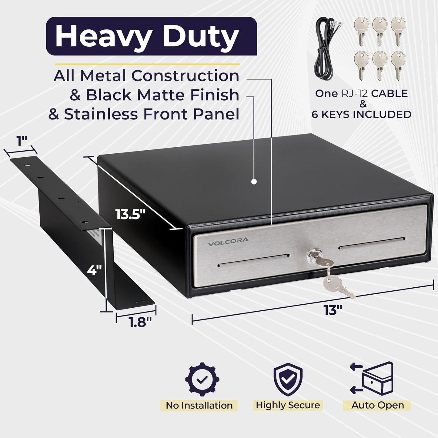 Volcora Cash Register Drawer with Under Counter Mounting Bracket - 13" Cash Drawer for POS, Stainless Steel Front 4 Bill 5 Coin Cash Tray, Removable Coin Tray, 24V RJ11/RJ12 Key-Lock, 2 Media Slots