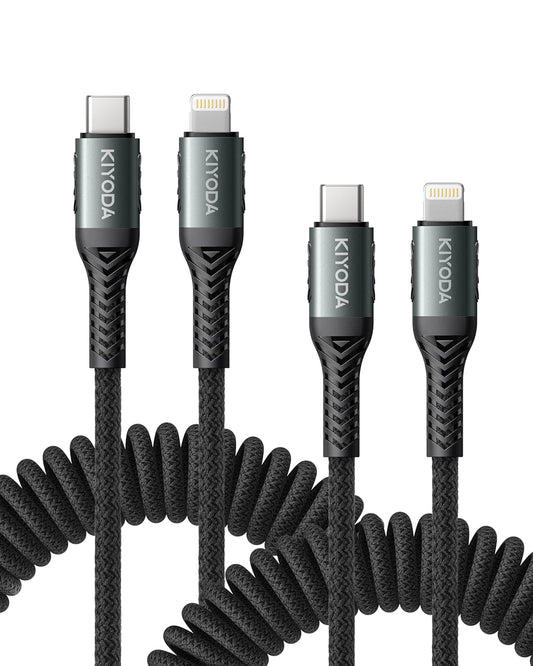 Coiled USB C iPhone Charger 3FT 2Pack, Braided Type C to Lightning Cable for Car [Apple MFi Certified] Fast Charging Cord Compatible with iPhone 14 Pro/Pro Max/Plus 13 12 11 8 7 6s 6 SE XS XR X, iPad