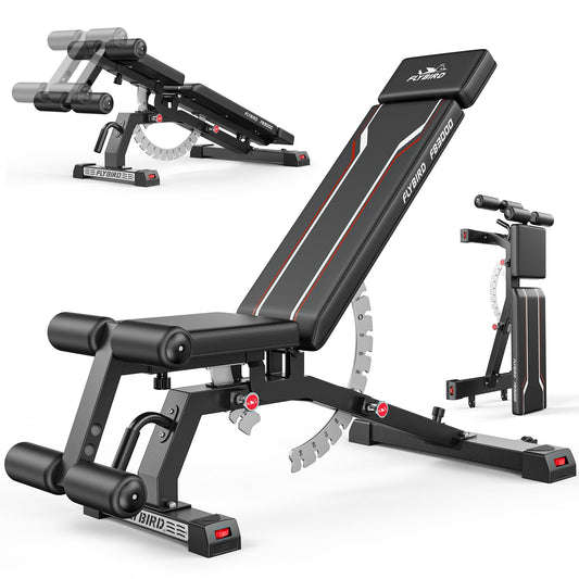 FLYBIRD Strength Training Bench for Home Gym, Vertical Storage Space-Saving Workout Bench, 1200lbs Capacity Adjustable Weight Bench with Detachable Headrest and Leg Support