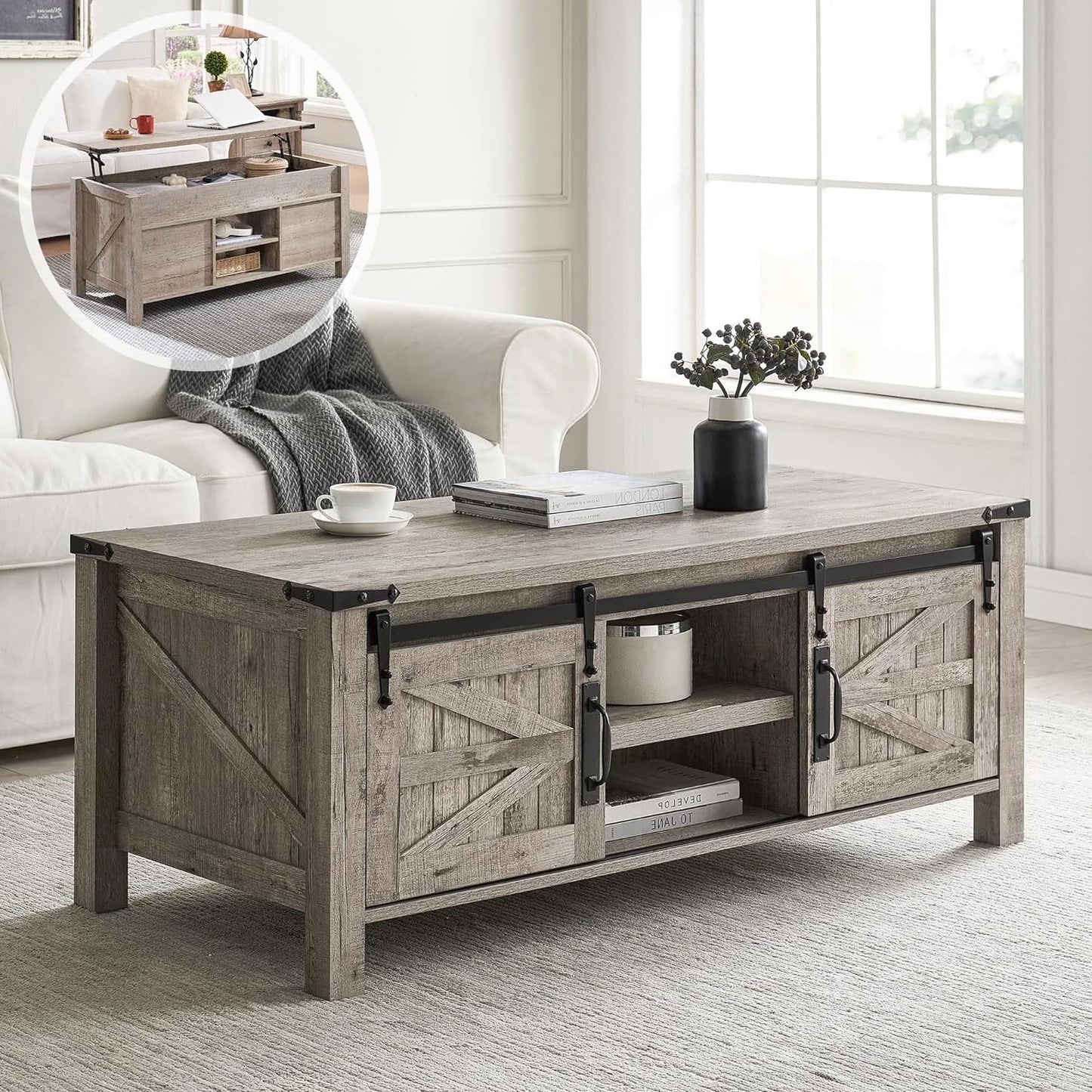 OKD 48" Farmhouse Lift Top Coffee Table with Sliding Barn Door, Rustic Center Table w/Hidden Storage Compartment, Lift Tabletop Dining Table w/Adjustable Shelf for Living Room,Light Rustic Oak