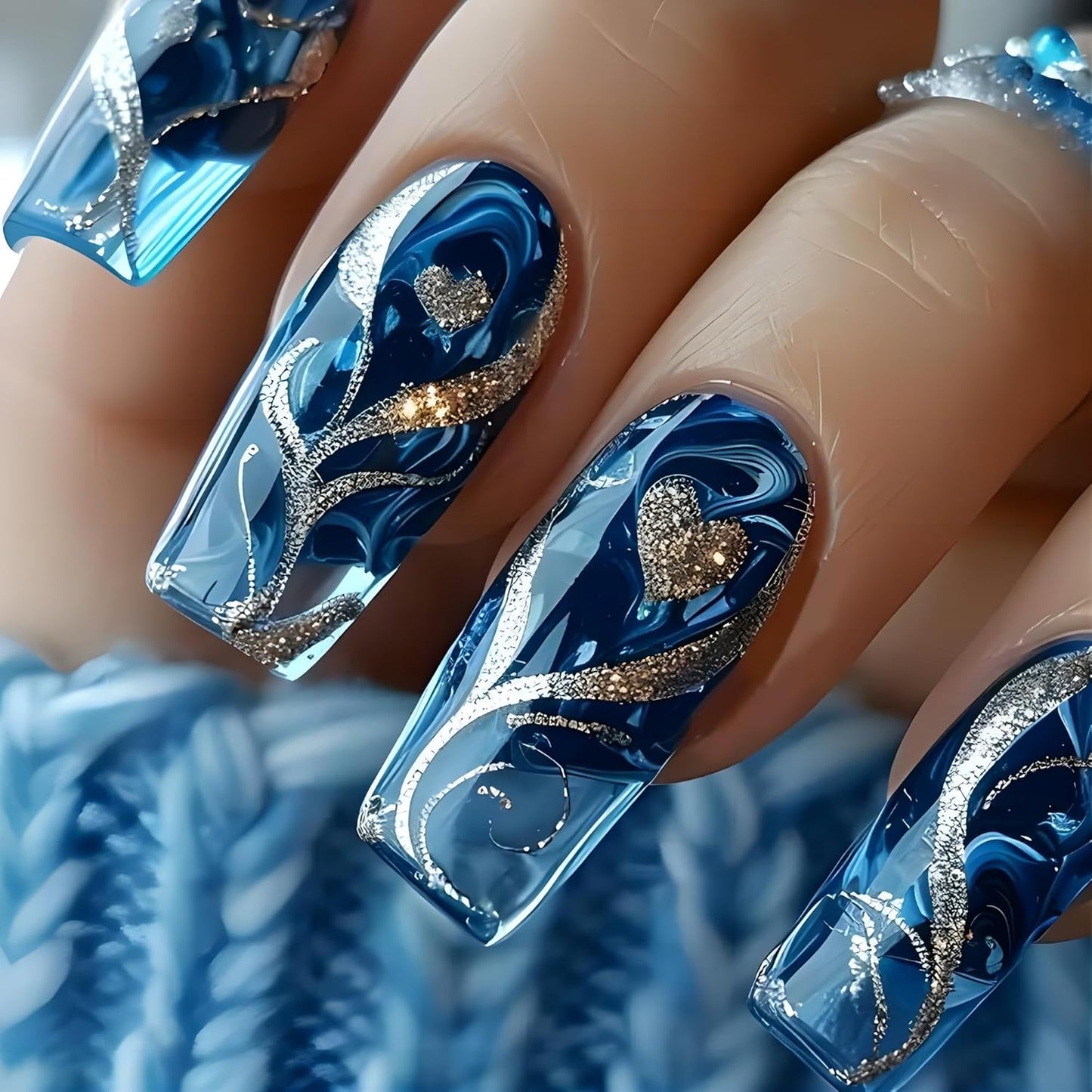 Semi Cured Gel Nail Strips with Gold Heart Designs Blue Gel Nail Strips Glossy Stickers Salon Quality & Easy to Use for Women 20 Pcs