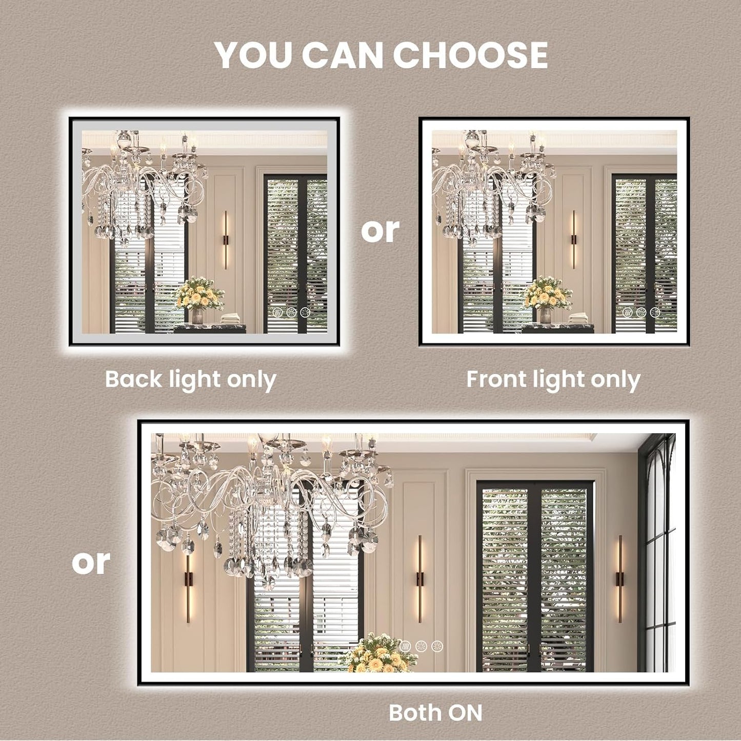 Amorho 28"x 32" LED Bathroom Mirror with Black Frame, Front Light and Backlit(Controlled Separately), Stepless Dimmable, Anti-Fog, Shatter-Proof, 3 Colors, Memory
