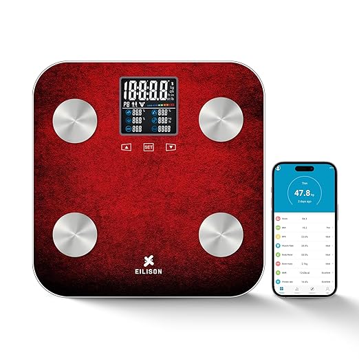 EILISON Digital Bathroom Scale with 4 Electrodes & BIA Technology High-Precision Smart Body Fat Analyzer,Large Color Night Vision Touchscreen,Bluetooth App Sync for 19 Metrics,396LBS Capacity (Red)