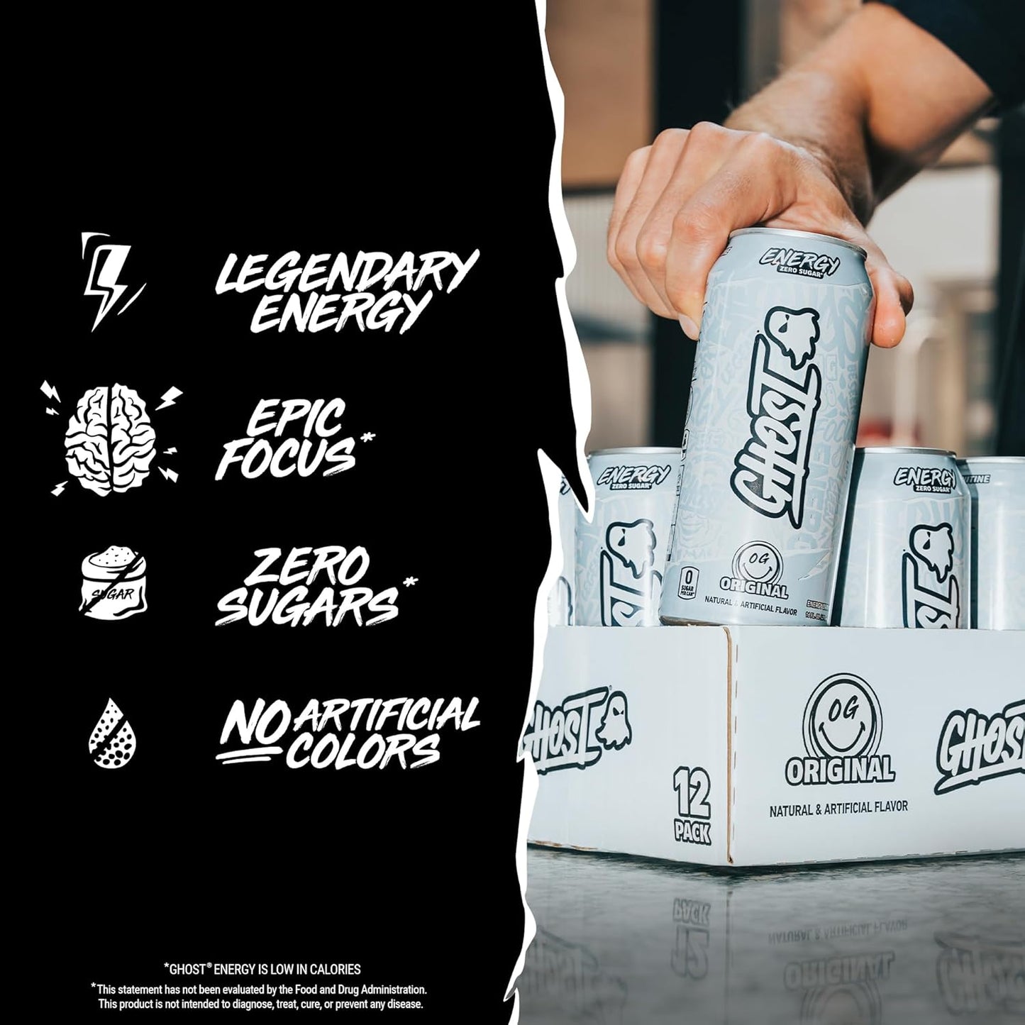 GHOST Energy Drink - 12-Pack, Original, 16oz - Energy & Focus & No Artificial Colors - 200mg of Natural Caffeine, L-Carnitine & Taurine - Gluten-Free & Vegan