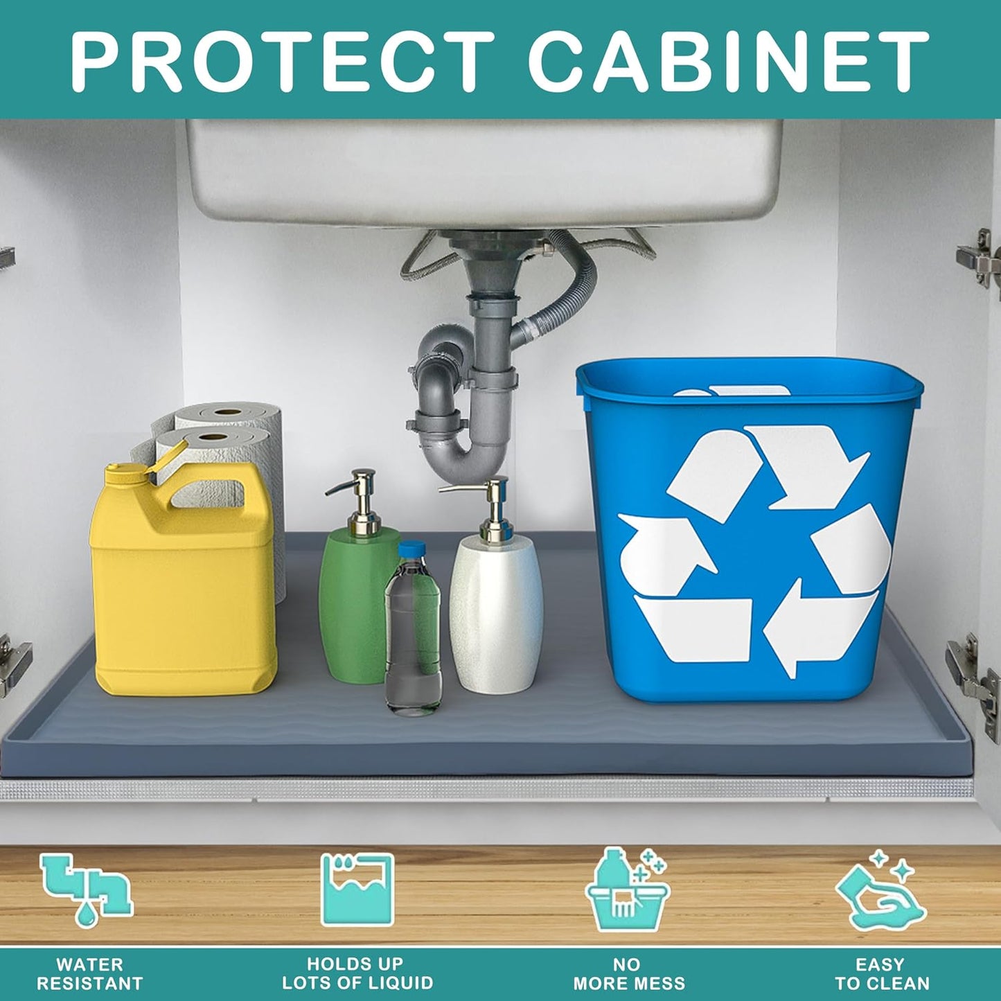 URMONA Waterproof Silicone Under Sink Mat 19'' x 12'' Shelf Liner for Kitchen and Bathroom, Cabinet and Counter Protector, Storage and Organizers, Litter Mat, Pet Cat Puppy Essentials(Light Grey)