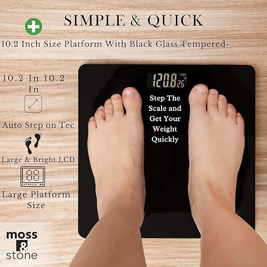 Moss & Stone Digital Body Weight Bathroom Scale Smart Scale Step-on Technology with Easy Read LCD, Up to 400 Pounds Perfect Digital Home Scale,10 Inch Black Highly Accurate Scale for Body Weight