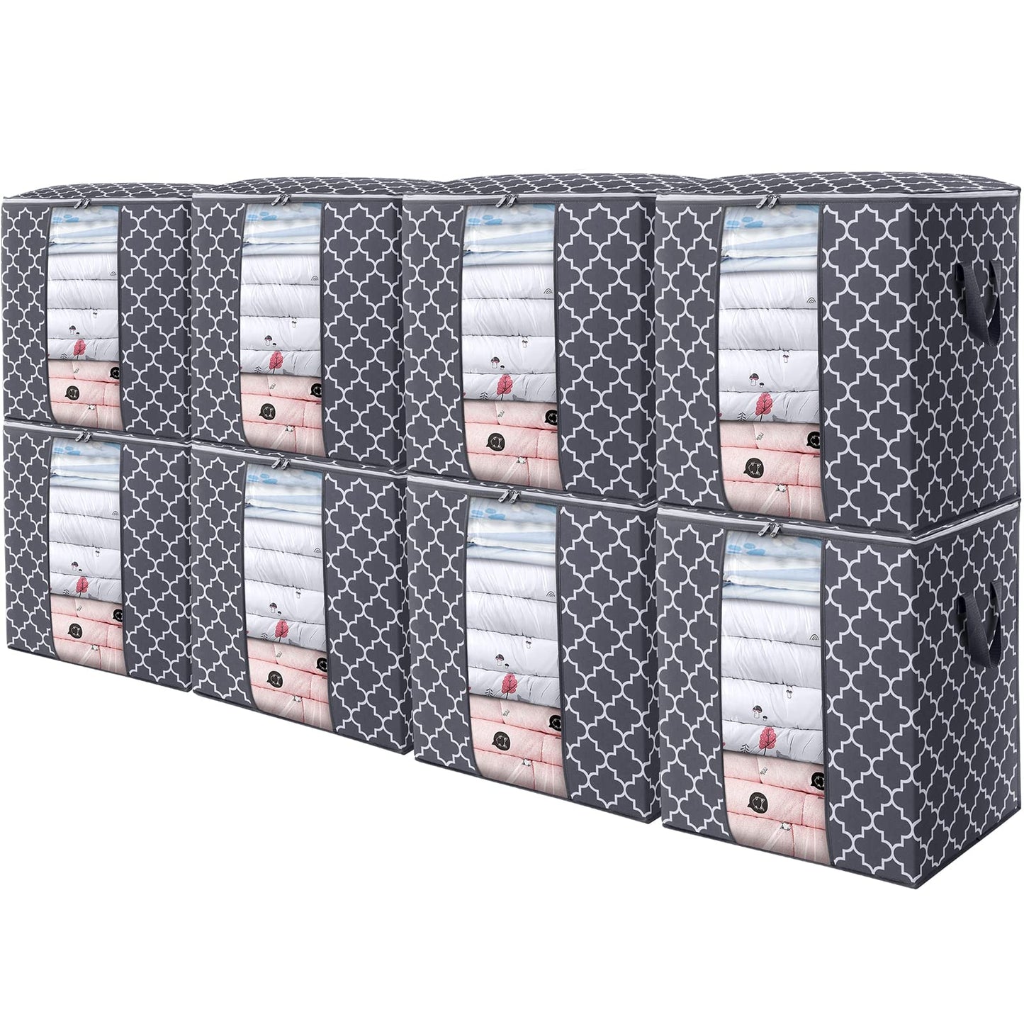 WISELIFE Storage Bags 8 Pack/100L Large Blanket Clothes Organization and Storage Containers for Comforters,Bedding, Foldable Organizer with Reinforced Handle, Clear Window, Sturdy Zippers,Gray