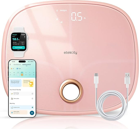 Etekcity Smart Rechargeable Scale for Body Weight, BMI, Fat, Muscle Mass, Digital Bathroom Scale with 13 Metrics, Secret Mode, Bluetooth Connect to Free Apps, Cotton Candy Pink