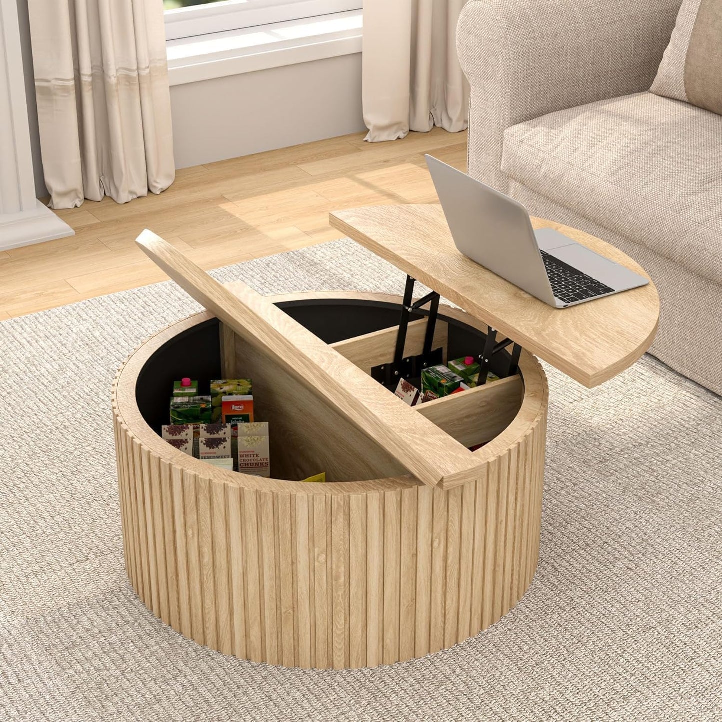 Fsbecl Lift Top Coffee Table with Storage, Round Coffee Tables for Living Room, 34.6'' Farmhouse Fluted Coffee Table, Wood Center Table with Large Hiddern Storage Compartment (Wood Color)