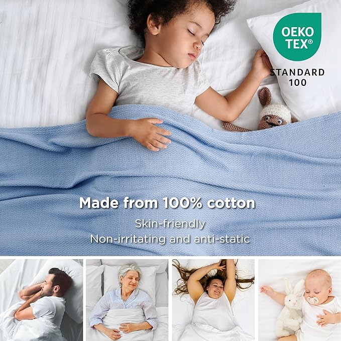 Bedsure 100% Cotton Large Throw Blanket for Couch 50x70 inches - Breathable and Lightweight, Soft Cozy Herringbone Woven Blanket for Summer Spring, Ashley Blue