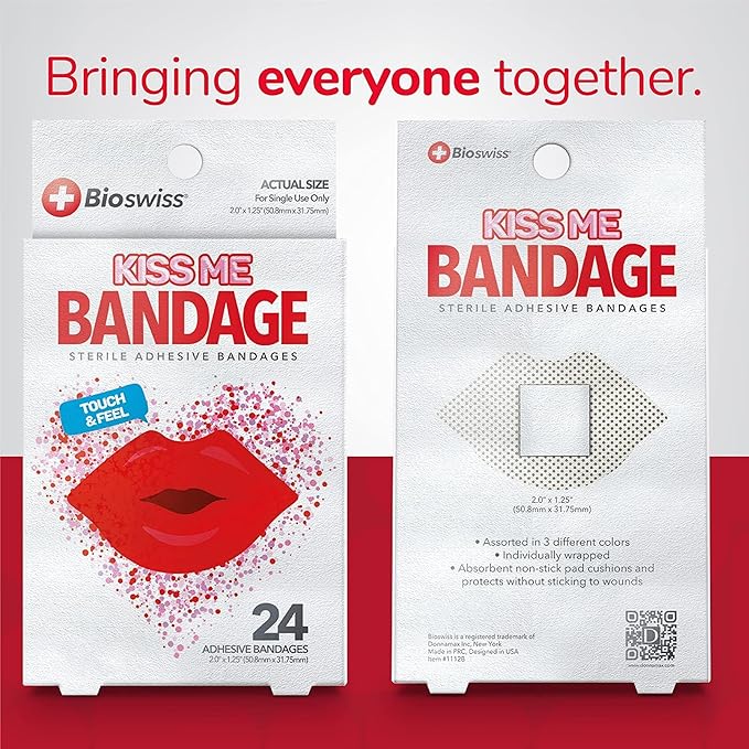 BioSwiss Bandages, Lips Shaped Self Adhesive Bandage, Latex Free Sterile Wound Care, Fun First Aid Kit Supplies for Kids, 24 Count