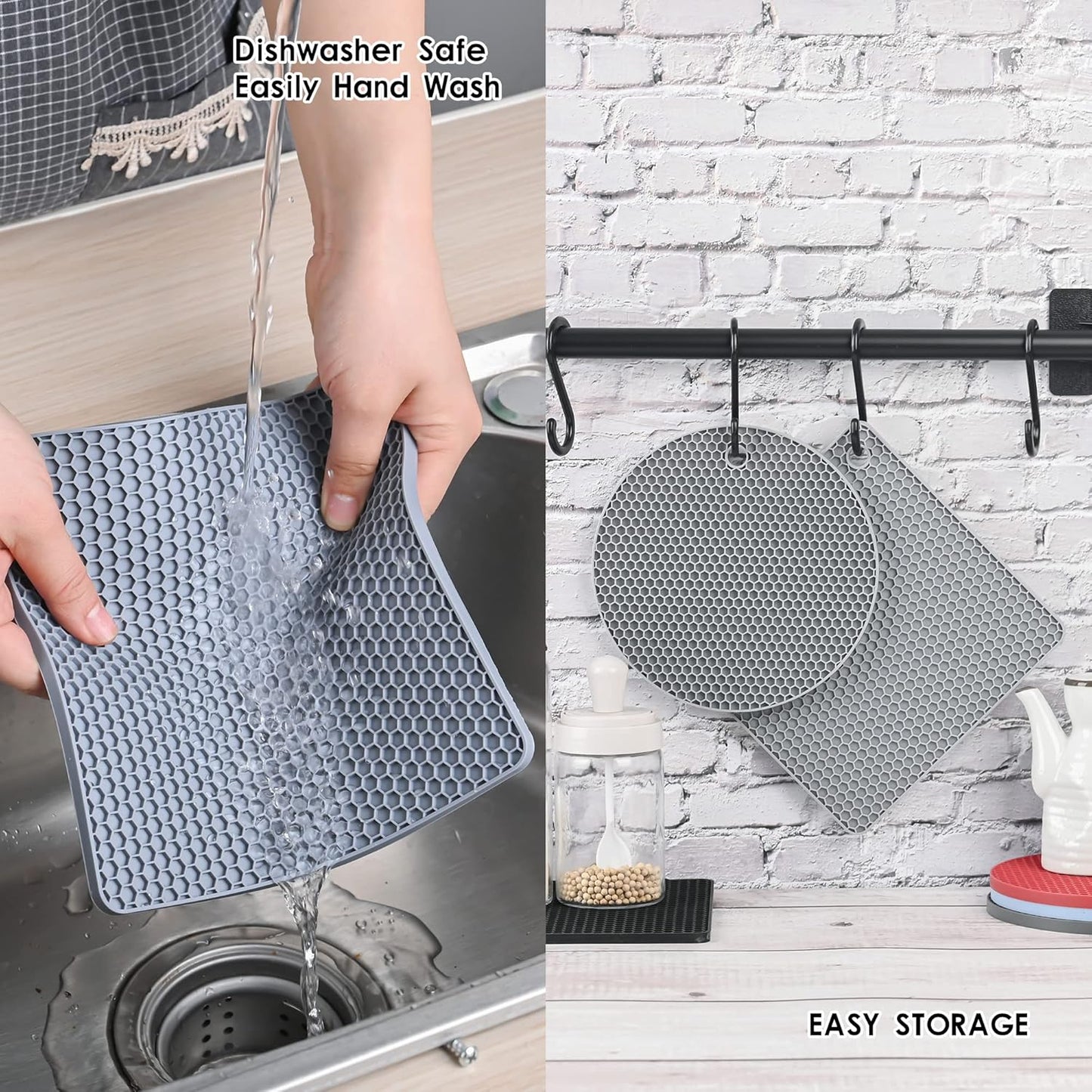 Silicone Trivets for Hot Dishes, Silicone Pot Holders for Kitchen, Trivet Mat Hot Pads for Kitchen, Trivets for Hot Pots and Pans, Heat Resistant Mats for Quartz Countertop, Set 4 Light Gray
