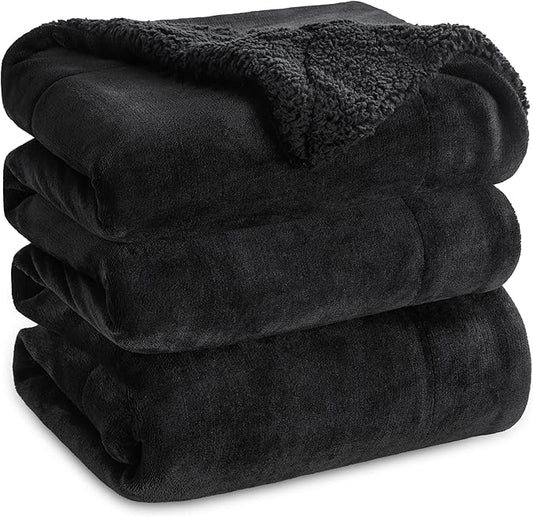 Bedsure Sherpa Fleece Blankets Queen Size for Bed - Thick and Warm, Soft Fuzzy Plush Queen Blanket for Winter, Black, 90x90 Inches