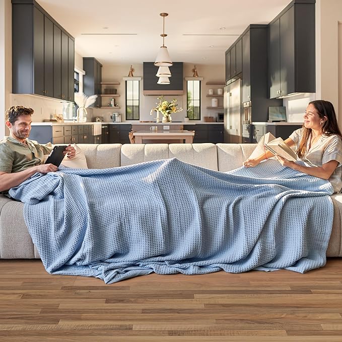 Bedsure 100% Cotton Large Throw Blanket for Couch 50x70 inches - Breathable and Soft, Waffle Weave Throw Blanket for Office, Sky Blue
