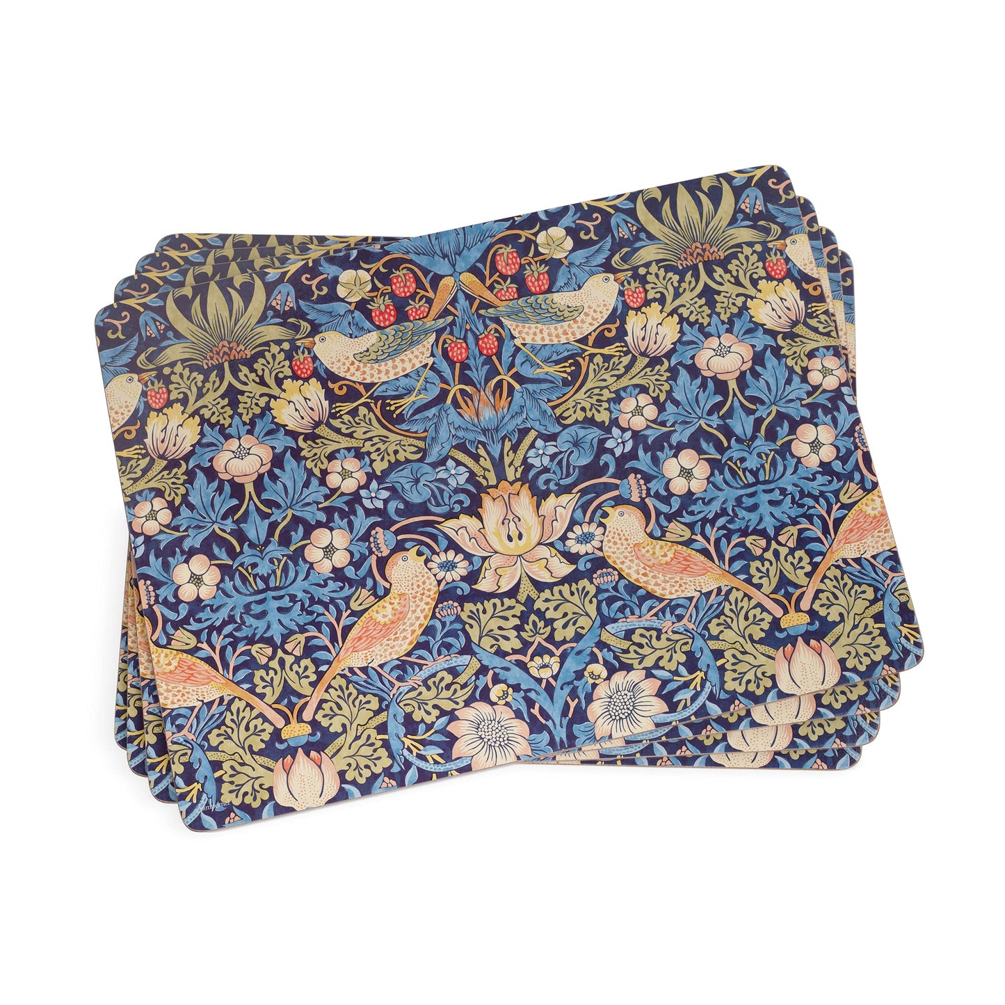 Pimpernel Morris & Co Strawberry Thief Blue Placemats, Set of 4 - Stain Resistant & Heat Safe Fabric-Feel Table Mats with Birds & Botanical Pattern for Stylish Dining & Entertaining