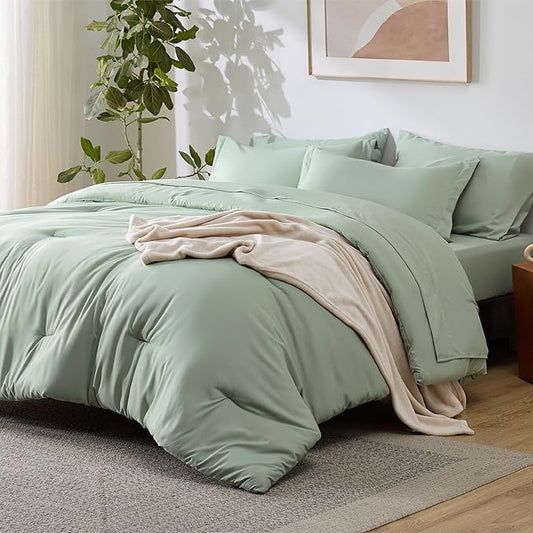 Bedsure Queen Comforter Set Sage Green, 8 Pieces Prewashed Queen Size Bed in a Bag with Soft Fleece Bed Blanket, Down Alternative Bedding Set for All Seasons, Sheets, Pillowcases & Shams