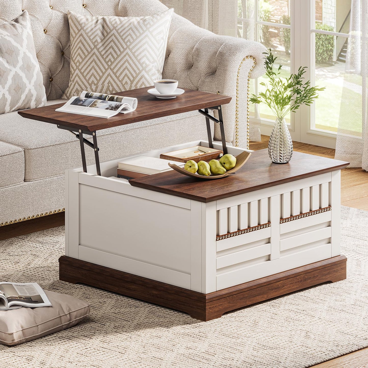 Farmhouse Lift Top Coffee Table with Large Hidden Storage Compartment, Wood Square Center Tables with Rivet Barn Door, Lift Tabletop Dining Table for Living Room, Home, Office