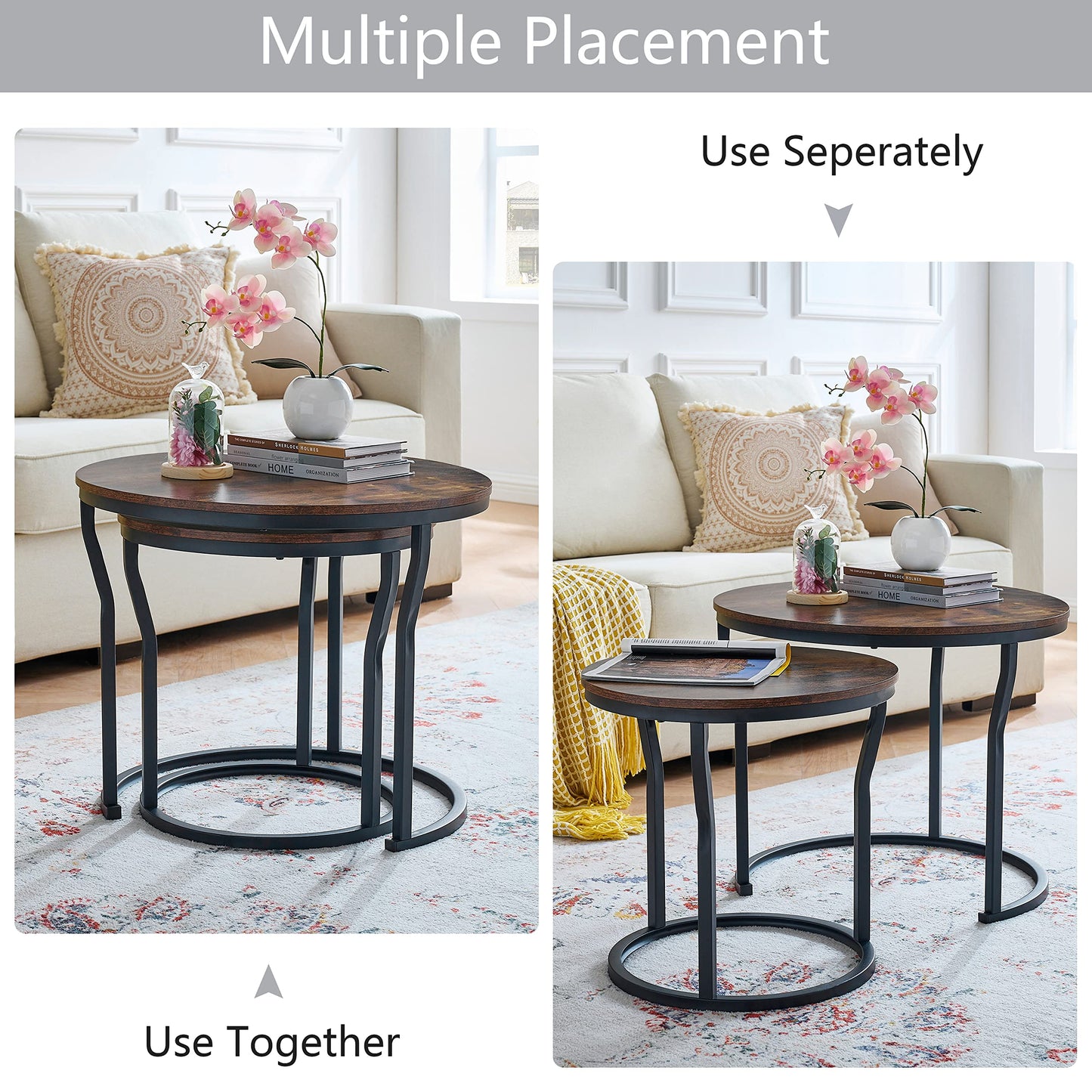 Hoctieon Nesting Coffee Tables, Round Nesting Tables Set of 2, End Tables, Stacking Nesting Tables for Living Room, Circle Coffee Tables, Side Tables Wooden Table Top, Rustic Brown