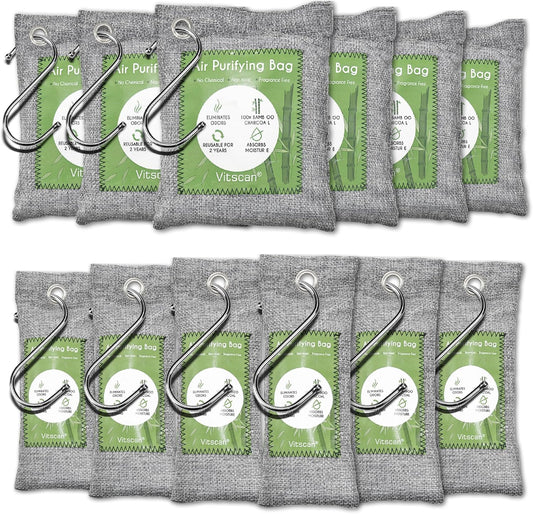 12 Pack Bamboo Air Purifying Bag, Activated Charcoal Bags Odor Absorber, Moisture Absorber, Natural Car Air Freshener, Shoe Deodorizer, Odor Eliminators For Home, Pet, Closet (6x50g, 6x150g)