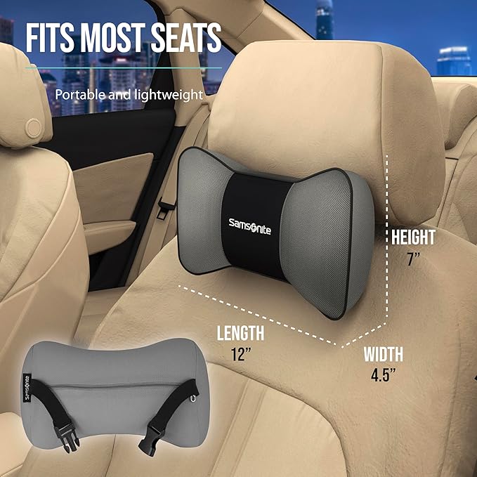 Samsonite Neck Pillow for Car – Ergonomic Memory Foam Headrest Cushion – Car Seat Support for Driving Comfort – Compact Neck Rest – Travel Pillow for Long Road Trips