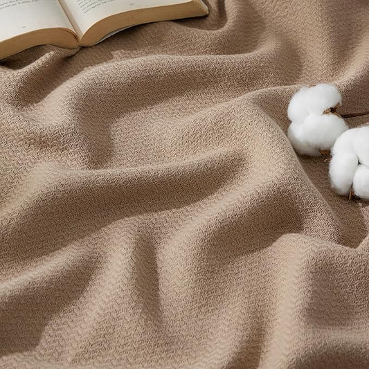 Bedsure 100% Cotton Blanket Twin XL Size for Bed - Breathable and Lightweight, Soft Cozy Textured Herringbone Woven Blanket for Summer Spring, Tan, 66x90 inches