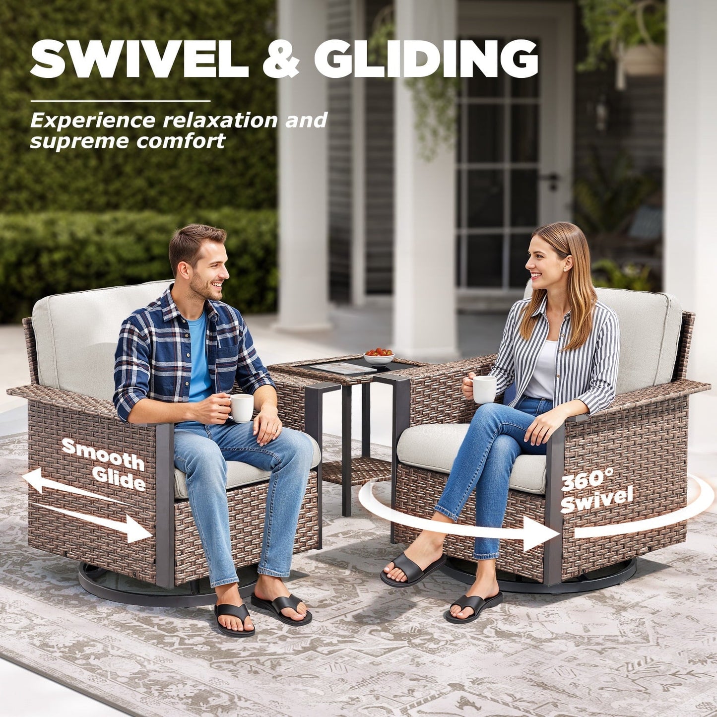 Lumiinofami 6 Pieces Outdoor Patio Conversation Furniture Set - 2 Outdoor Sofa, 2 Wicker Swivel Rocking Glider Chairs and 2 Ottomans, for Garden, Balcony, Porch, Beige